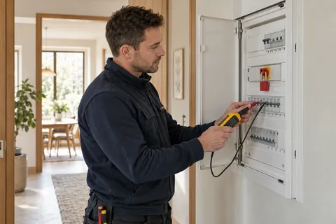Elektriker kontrollerer en frakoblet eltavle med et måleinstrument