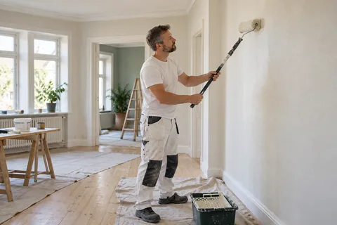 Maler ruller en lys væg i et hus under renovering